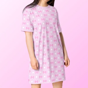 Pink Coquette T-Shirt Dress, Womens Loungewear, Cute Pastel Nightgown, Ribbon and Polka Dot Pattern