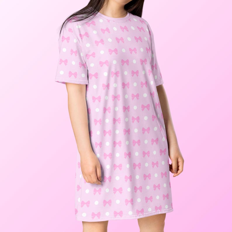 Pink Coquette T-Shirt Dress, Womens Loungewear, Cute Pastel Nightgown, Ribbon and Polka Dot Pattern