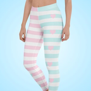 Plus Size Pink and Blue Striped Leggings, Fairy Kei Fashion, Two-Tone Half Color, Sweet Heart Print, Yume Kawaii Tights, Jfashion, Cute Pastel Clothes