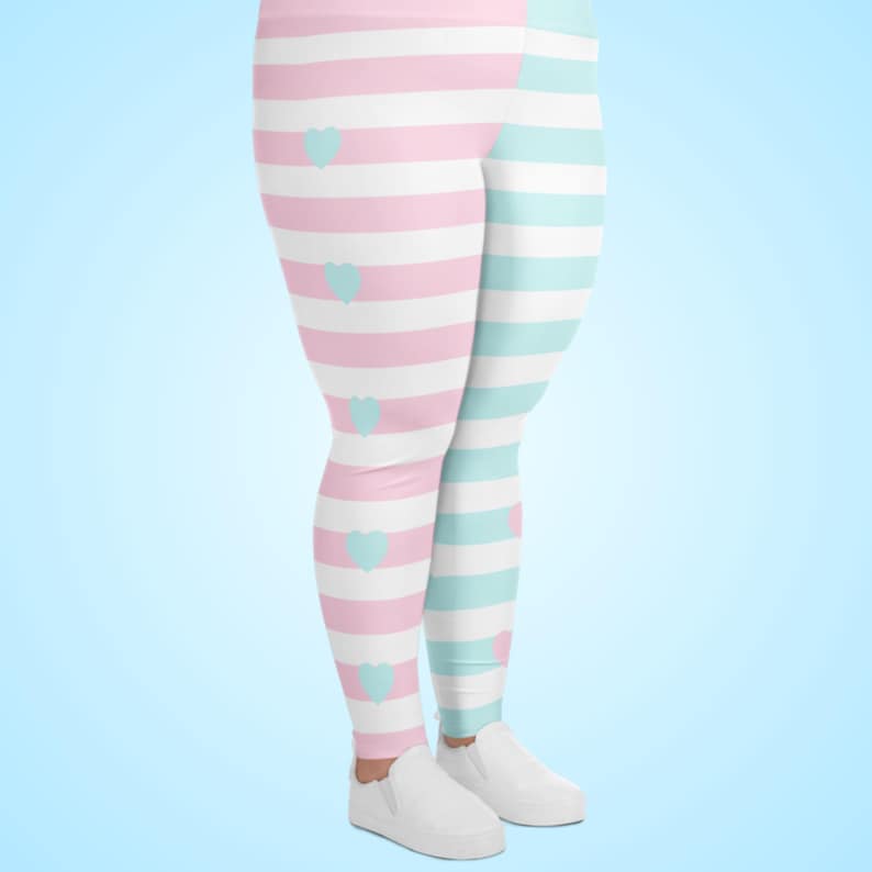 Plus Size Pink and Blue Striped Leggings, Fairy Kei Fashion, Two-Tone Half Color, Sweet Heart Print, Yume Kawaii Tights, Jfashion, Cute Pastel Clothes