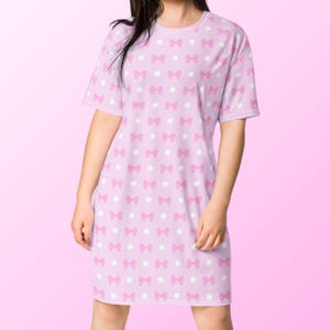 Pink Coquette T-Shirt Dress, Womens Loungewear, Cute Pastel Nightgown, Ribbon and Polka Dot Pattern