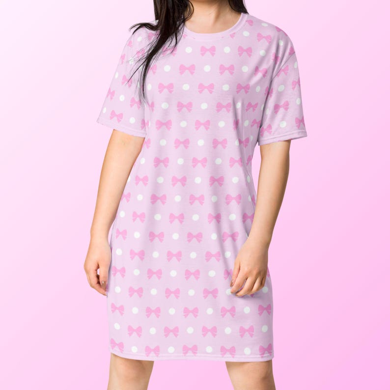 Pink Coquette T-Shirt Dress, Womens Loungewear, Cute Pastel Nightgown, Ribbon and Polka Dot Pattern