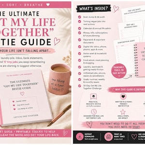 May include: A 48-page life reset guide titled The Ultimate Get My Life Together Bestie Guide, featuring pink and white branding. The set includes printable worksheets, a 30-day challenge planner, and checklists for life admin, meal planning, and household tasks.