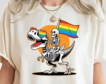 LGBT Skeleton Shirt, Gay Skeleton Shirt, Skeleton Pride Shirt, Dinosaur Pride Tshirt, Queer Pride Tee, LGBTQ Flag Shirt, Rainbow Gay T-shirt