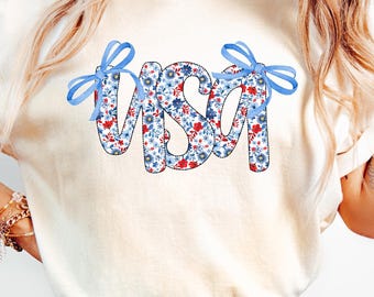 Coquette USA Shirt, 4th of July Shirt Women, Stars Stripes USA Flag Shirts, Floral Patriotic Shirt, Red White Blue Shirt, Floral USA Shirt