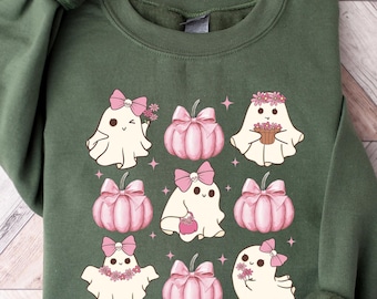 Halloween Sweatshirt, Halloween Spooky Shirt, Pink Fall Shirt, Pink Girly Bows Halloween Tee, Cute Ghost Shirt, Women's Halloween Gift