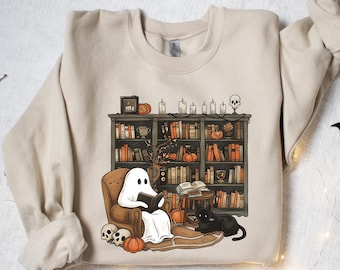 Retro Ghost Reading Books Sweatshirt, Librarian Ghost Halloween, Halloween Teacher Sweatshirt, Halloween Shirt, Teacher Gift, Boo School Tee