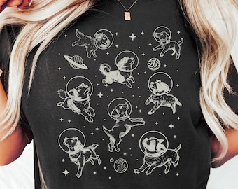 T-shirt rétro chiens dans l'espace, T-shirt graphique galaxie drôle, chemise chien lune des années 90, t-shirt unisexe bâillon animal rétro, cadeaux de chemise pour amoureux des chiens