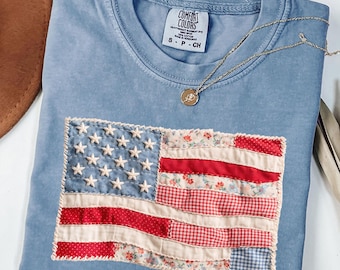 Comfort Colors® Retro American Flag Shirt, Faux Patchwork USA Tee, 4th of July Shirt, Patriotic Graphic Shirt, Fourth of July Shirt