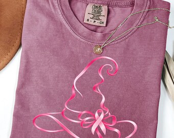 Comfort Colors® Breast Cancer Awareness Witch Hat Shirt, Pink Ribbon Halloween Shirt, Breast Cancer Survivor Gift, October Awareness Tee