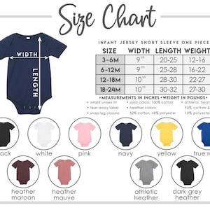 May include: Size chart for infant jersey short sleeve one-piece bodysuits. Includes measurements in inches for width and length, and weight in pounds. Available colors: black, white, pink, navy, yellow, true royal, heather maroon, heather mauve, athletic heather, and dark grey heather.