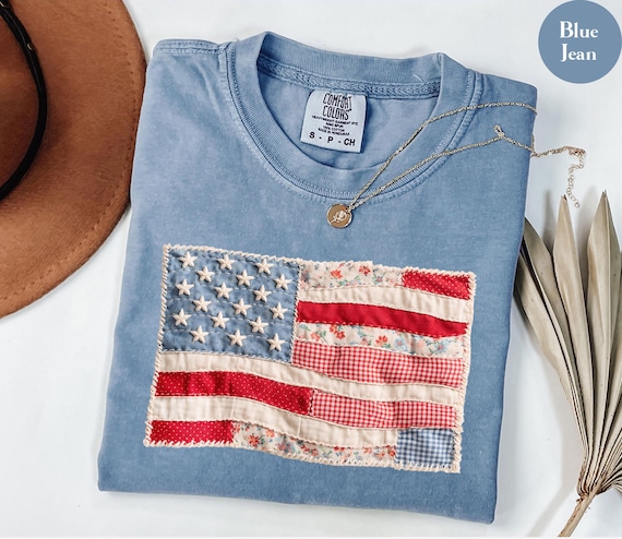 Comfort Colors® Retro American Flag Shirt, Faux Patchwork USA Tee, 4th of July Shirt, Patriotic Graphic Shirt, Fourth of July Shirt