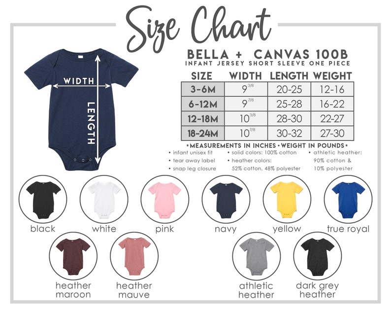 K&ouml;nnte beinhalten: Gr&ouml;&szlig;entabelle f&uuml;r Bella + Canvas 100B Baby-Jersey-Bodys mit kurzen &Auml;rmeln. Die Tabelle zeigt Gr&ouml;&szlig;en von 3-6 Monaten bis 18-24 Monaten mit entsprechenden Breiten-, L&auml;ngen- und Gewichtsma&szlig;en in Zoll und Pfund. Die Tabelle enth&auml;lt auch Informationen &uuml;ber die Stoffzusammensetzung f&uuml;r Uni- und Melangefarben.