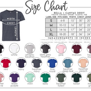 K&ouml;nnte beinhalten: Gr&ouml;&szlig;entabelle f&uuml;r das Bella + Canvas 3001Y Unisex-Kurzarm-T-Shirt f&uuml;r Jugendliche. Die Tabelle zeigt die Etikettengr&ouml;&szlig;e, die passenden Gr&ouml;&szlig;en, die Breite, die Brustweite und die L&auml;nge in Zoll. Die Tabelle enth&auml;lt auch einen Farbguide mit 16 verschiedenen Farboptionen f&uuml;r das T-Shirt.
