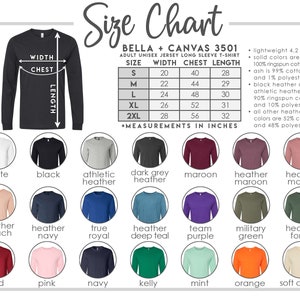 K&ouml;nnte beinhalten: Gr&ouml;&szlig;entabelle f&uuml;r das Bella + Canvas 3501 Unisex-Jersey-Langarmshirt f&uuml;r Erwachsene. Die Tabelle zeigt die Ma&szlig;e f&uuml;r Breite, Brustumfang und L&auml;nge in Zoll f&uuml;r die Gr&ouml;&szlig;en S, M, L, XL und 2XL. Die Tabelle listet auch die Stoffzusammensetzung f&uuml;r verschiedene Farben auf, darunter unifarbene Farben, Asche, Schwarz meliert, Athletik meliert und andere melierte Farben.