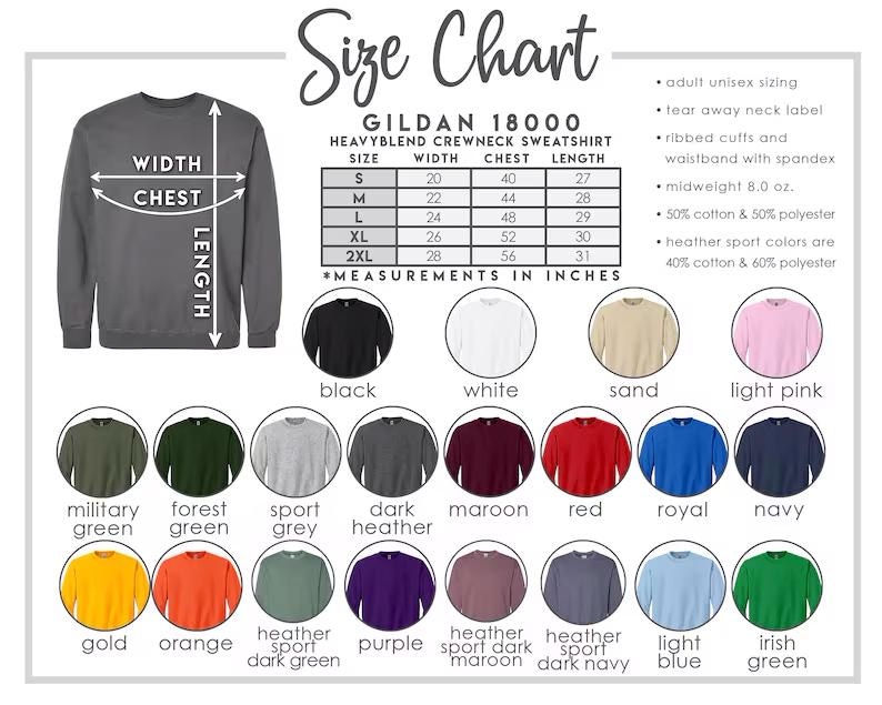 May include: Size chart for Gildan 18000 Heavyblend crewneck sweatshirt. Includes measurements in inches for width, chest, and length for sizes S to 2XL. Features a color palette including black, white, sand, light pink, and more.