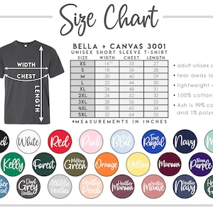 May include: Size chart for Bella + Canvas 3001 unisex short sleeve t-shirts. The chart shows sizes XS to 5XL with corresponding width, chest, and length measurements in inches. The chart also includes information about the fabric composition and features, such as tear-away label and lightweight fabric.