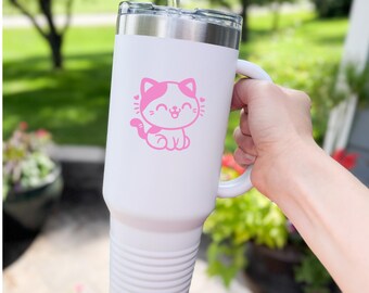 Vaso de 40 oz, vaso de acero inoxidable, diseño personalizado grabado con láser, taza para bebidas frías y calientes, lindo diseño de gato rosa, regalo para ella, regalo de cumpleaños
