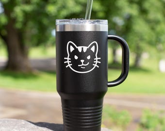 Vaso de 40 oz, vaso de acero inoxidable, diseño personalizado grabado con láser, taza para bebidas frías y calientes, diseño de gato blanco sonriente, regalo para ella, regalo para amantes de los gatos