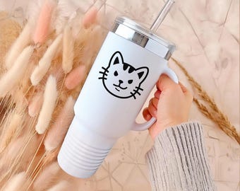 Vaso de 40 oz, vaso de acero inoxidable, diseño personalizado grabado con láser, taza para bebidas frías y calientes, diseño de gato negro sonriente, regalo para ella, regalo para amantes de los gatos