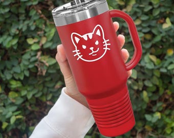 Vaso de 40 oz, vaso de acero inoxidable, diseño personalizado grabado con láser, taza para bebidas frías y calientes, diseño de gato blanco sonriente, regalo para ella, regalo para amantes de los gatos