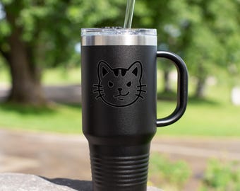 Vaso de 40 oz, vaso de acero inoxidable, diseño personalizado grabado con láser, taza para bebidas frías y calientes, diseño de gato negro sonriente, regalo para ella, regalo para amantes de los gatos