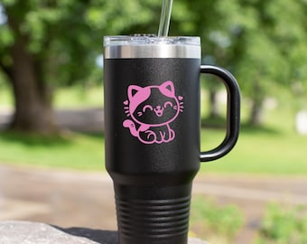 Vaso de 40 oz, vaso de acero inoxidable, diseño personalizado grabado con láser, taza para bebidas frías y calientes, lindo diseño de gato rosa, regalo para ella, regalo de cumpleaños