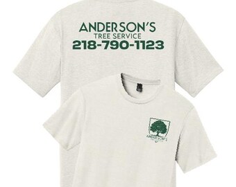 Andersons trädvårdslogotyp T-shirt | Arborist Company-tröja, telefonnummer på baksidan