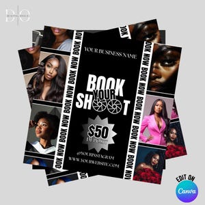 May include: A stack of black and white promotional flyers. The flyers feature images of women and text that reads "Book Your Shoot" with a $50 deposit. The flyers also include social media handles and website information.