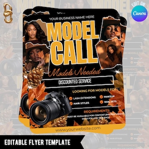 May include: A black flyer template featuring the text MODEL CALL and Models Needed with images of models, a camera, and autumn leaves. The flyer lists services including lash extensions, makeup, hair styles, and nail sets with a website placeholder.