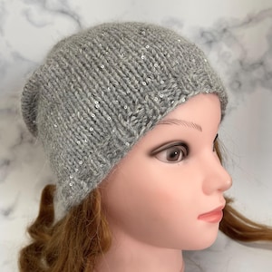 Gray Hat, Knit Wool Angora Beanie, Sequins Hat, Warm Beret, Women Hat, Winter Accessories, Gift