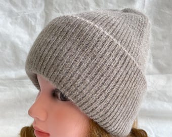 Rabbit Wool Knit Hat,  Beige Winter Beanie, Beret