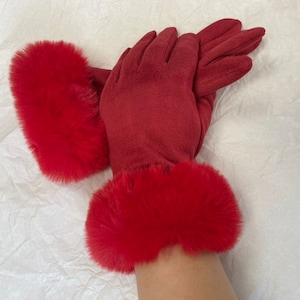Gloves, Ladies Gloves, Red Gloves, Smart Touch Gloves, Faux Fur Cuff Gloves, Winter Accessories, Gift