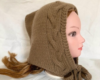 Wool Hooded Scarf, Dark Beige Hat, Hand Knit Winter Snood  display picture 2
