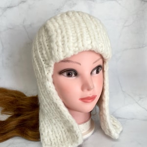 Hand Knit Wool Ear Flap Hat: Ivory Winter Trapper Beanie