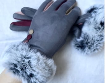 Gloves, Ladies Gloves, Gray Gloves, Smart Touch Gloves, Faux Fur Cuff Gloves, Winter Accessories, Gift