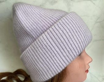 Rabbit Wool Knit Beanie: Light Purple Winter Hat