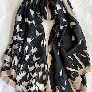 Black Floral Silk Blend Scarf: Large Summer Shawl
