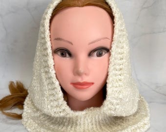 Hat, Hand Knit Wool Hooded Scarf, Ivory Winter Snood