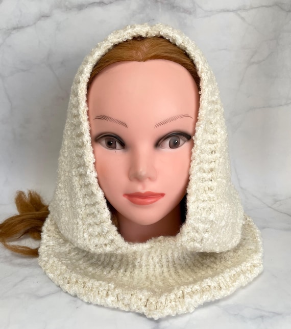 Hat, Hand Knit Wool Hooded Scarf, Ivory Winter Snood - Etsy