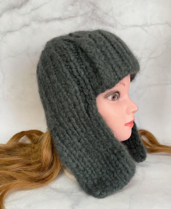 Green Wool Ear Flap Hat, Hand Knit Trapper Beanie, Accessories