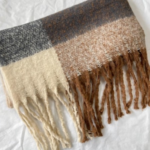 Scarf, Beige Gray Large Scarf, Wool Shawl, Soft Wrap, Warm Pashmina, Plaid Scarf, Thick Blanket, Accessories, Gift