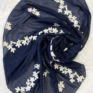 Blue Cotton Scarf: Embroidered Floral Summer Shawl