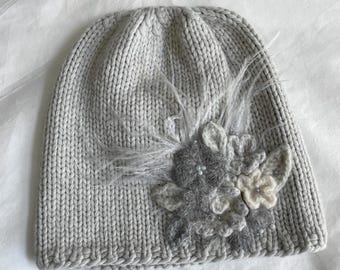 Hand Knit Wool Beanie: Light Gray Beret with Crystal Beads & Ostrich Feather