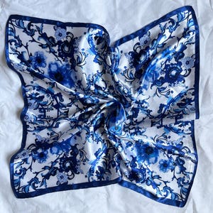 Silk Scarf, Small Neck Blue White Scarf, Headwraps, Bandana, Square Scarf, Scarf, Summer Shawl, Soft Wrap, Women&#39;s Accessories, Gift