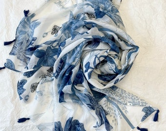 White Blue Cotton Scarf, Large Summer Shawl, Soft Wrap, Accessories