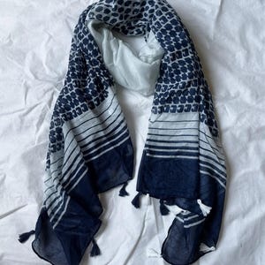 White and Blue Cotton Scarf: Large Summer Shawl