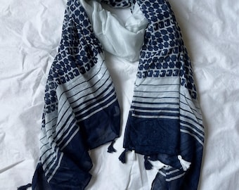 White and Blue Cotton Scarf: Large Summer Shawl