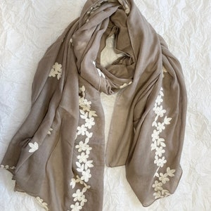 Beige Cotton Scarf, Embroidered Floral Summer Shawl