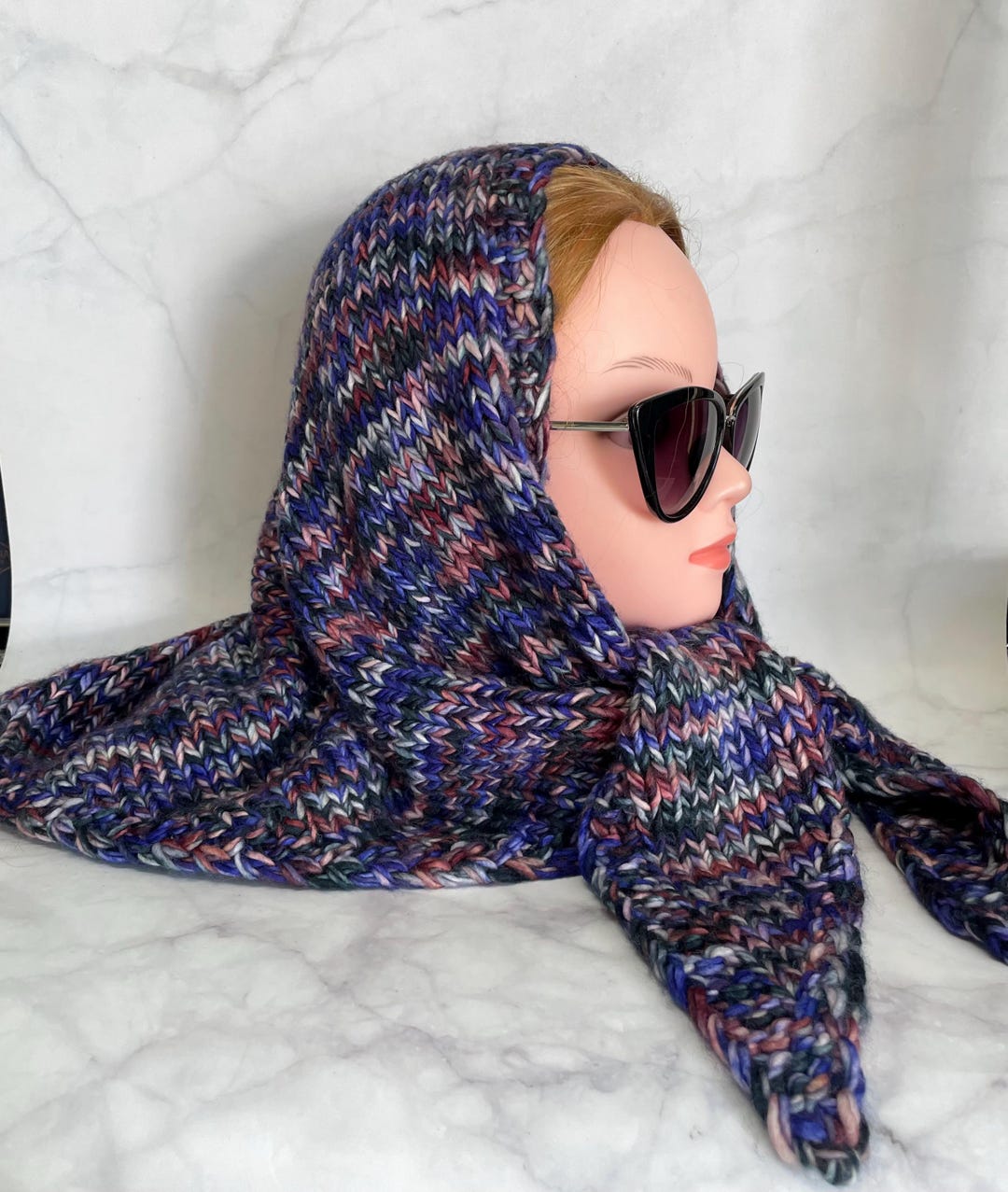 Knitted Merino Wool Babushka Scarf: Blue Winter Hood - Etsy